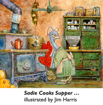 ‘Sadie Cooks Supper’ …on her old-fashioned wood-burning cookstove.  Detailed, traditional watercolor illustration for the picture book ‘The Trouble With Cauliflower’ by artist Jim Harris.